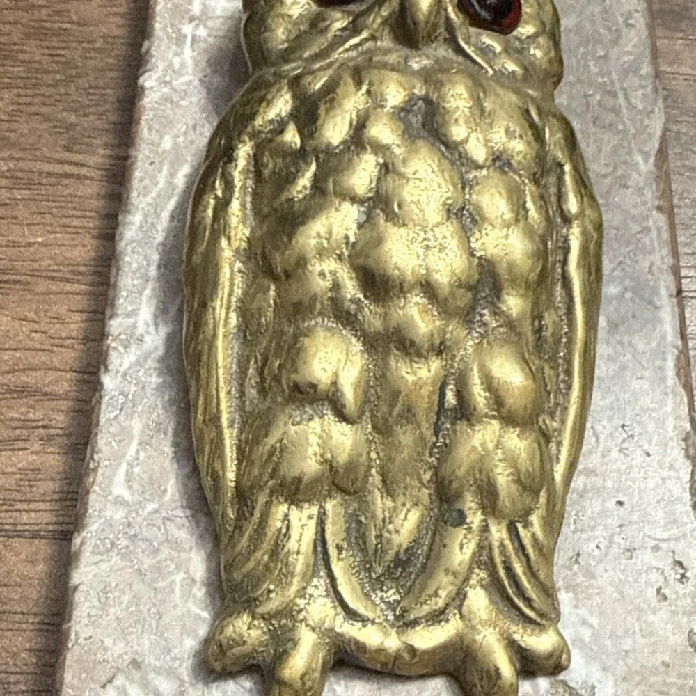 Antique OWL Figural Brass & Marble Desktop Paper Holder Paperclip Vintage Unique